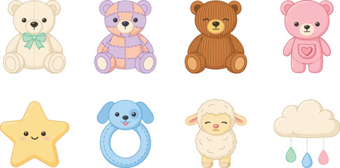 Fototapeta premium Cute Baby Nursery Toy Vector Set with Kawaii Teddy Bears Patchwork Plushies Dog Rattle Lamb Plush Star and Cloud Mobile Design Elements
