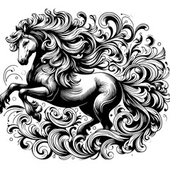 Fototapeta premium Galloping Horse with Flowing Mane and Decorative Swirls Black and White Vector Illustration