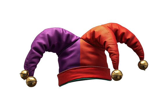 Jester hat with bells, vibrant red and purple fabric, representing comedy, carnival, and fool costume entertainment, transparent background