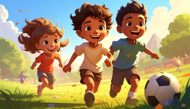 happy children playing soccer outdoors.