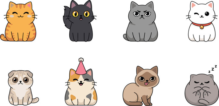 Cute Chibi Cat Character Mascot Set Showing Various Breeds and Facial Expressions for Pet App Avatars Stickers and Child Graphic Designs
