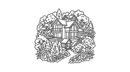 Naklejka premium Modern Black and White Line Drawing of Traditional Japanese House Nestled in Lush Greenery and Floral Garden