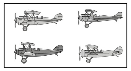 Set of vintage biplane aircraft side view profiles © farel