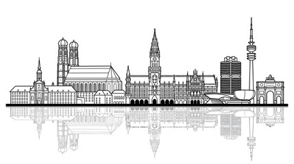 Fototapeta premium Munich Skyline Silhouette, Famous Landmarks, Architectural Outline, Cityscape