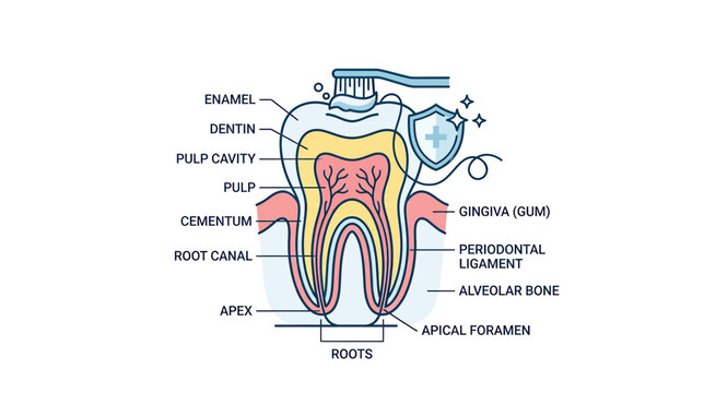 Tooth Anatomy Diagram: Enamel, Dentin, Pulp, Roots, Gum, Bone with Toothbrush and Shield