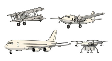Diverse collection of aircraft from biplanes to drones © farel