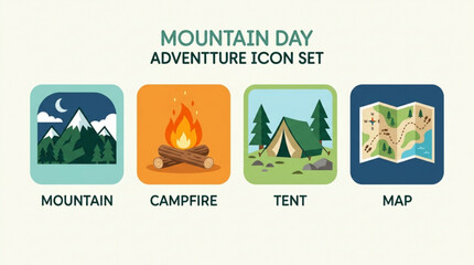 Mountain day adventure icon set featuring flat illustrations of nature camping fire tent and map for outdoor concepts with showcases set four flat design icons © Waqas