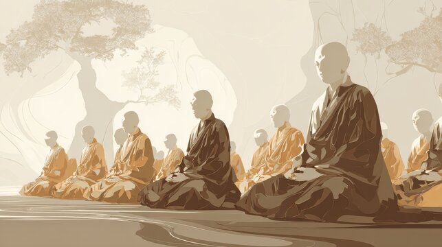 4.Spiritual illustration of Buddha seated in meditation posture as monks assemble spontaneously, sacred moment of harmony and awakening, gentle earth tones, calm facial expressions, refined vector