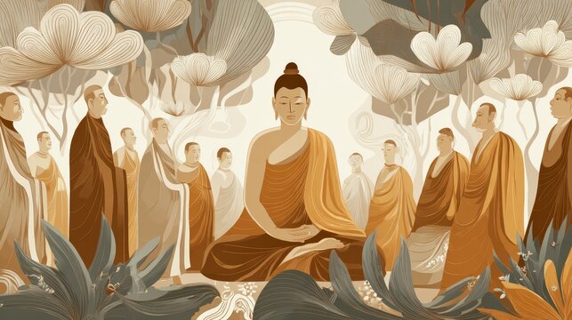 4.Spiritual illustration of Buddha seated in meditation posture as monks assemble spontaneously, sacred moment of harmony and awakening, gentle earth tones, calm facial expressions, refined vector