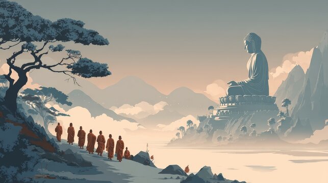 5.Peaceful Buddhist illustration depicting monks respectfully approaching Buddha without arrangement, symbolic gathering of enlightenment, serene landscape, minimalist yet detailed flat vector style,