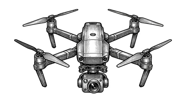Detailed engraving of modern camera drone quadcopter.
