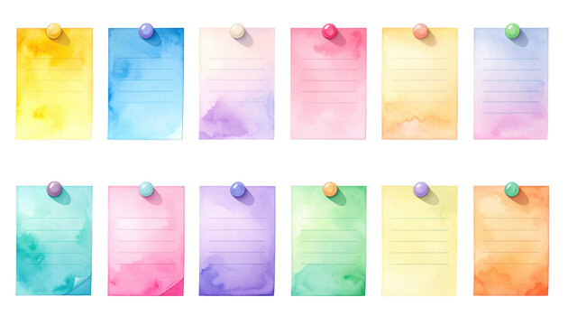 Colorful Watercolor Index Cards And Sticky Notes Vector Illustration Set With Pushpin Icons