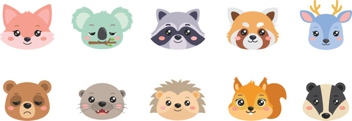 Obraz premium Cute Woodland Animal Avatar Set Featuring Kawaii Cartoon Faces of Fox Koala Raccoon Red Panda Deer Bear Otter Hedgehog Squirrel and Badger Vector