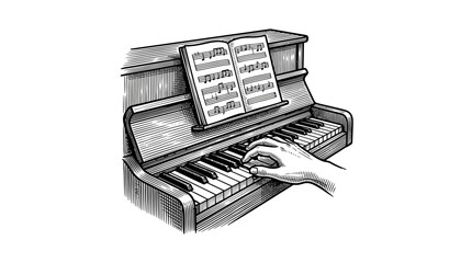 Hands playing upright piano with music sheet engraving. © jaya