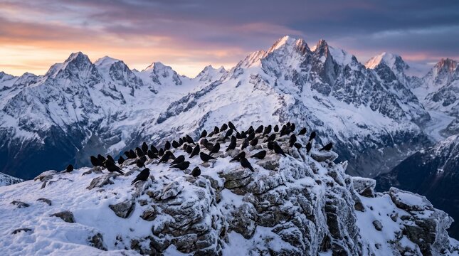A flock of alpine choughs perched on a snowy mountain peak at sunrise.