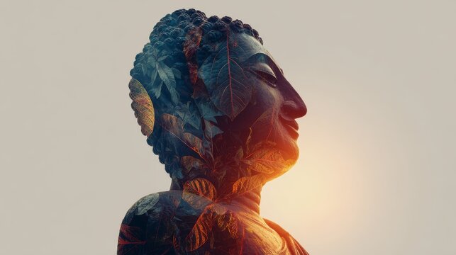 34.Buddha statue portrait with artistic double exposure of bo leaves, glowing lens flare highlights, soft gradients, tranquil Buddhist symbolism, balanced composition with copy space