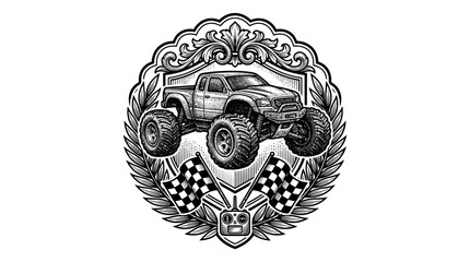 Off-road monster truck with checkered racing flags. © jaya