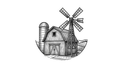 Rural farm scene with barn silo and windmill. © jaya