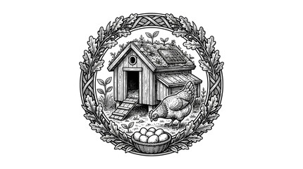 Rustic chicken coop engraving within circular floral frame. © jaya