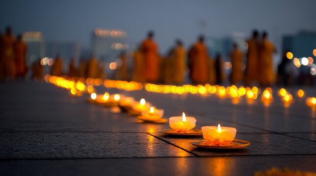 51.Thai Buddhist candle walk on Asalha Puja, Magha Puja and Visakha Puja days, soft candlelight, reverent mood, cultural devotion scene