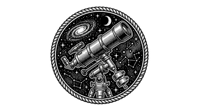 Telescope observing spiral galaxy in circular frame engraving
