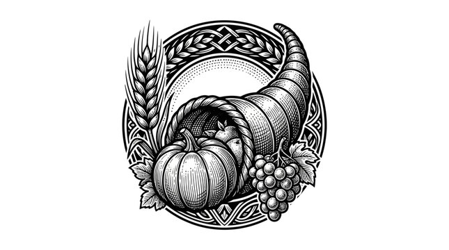Traditional cornucopia with pumpkin and grapes harvest illustration.