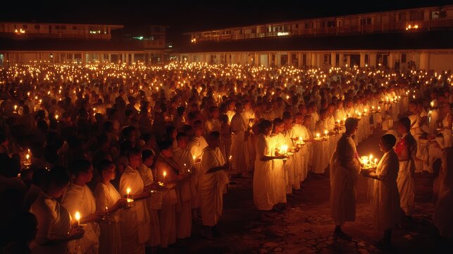 63.Devotees participating in Asalha Puja candlelight ceremony, traditional white clothing, monks chanting, temple courtyard illuminated by soft candle glow, sacred dhamma day celebration