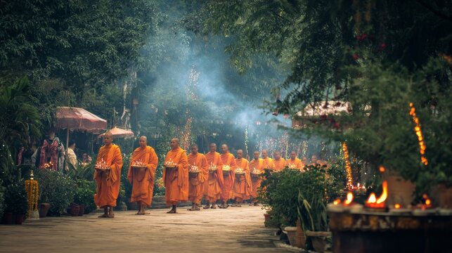 64.Asalha Puja festival ritual with buddhist monks walking in procession, candles and incense offerings, serene temple setting, peaceful devotional mood, cultural religious event