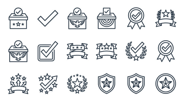 Set of election and voting icons featuring ballot boxes check marks and award emblems.