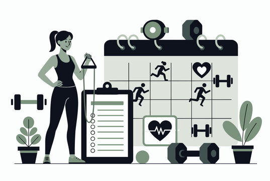 Fit woman with resistance band organizes her workout routine on a weekly calendar with exercise icons.