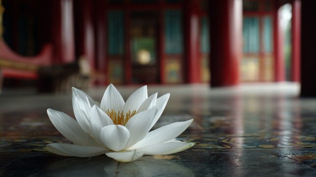 72.White lotus in serene temple environment, minimal composition, soft lighting, spiritual purity and devotion concept for buddhist observances