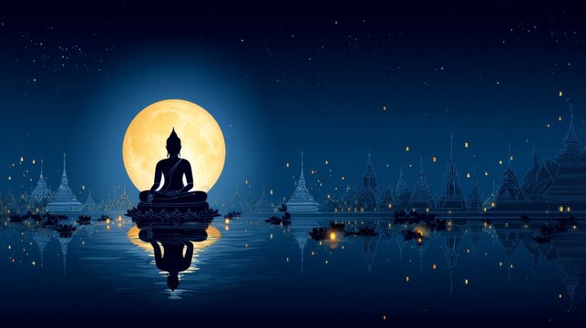 79.Concept = Big buddha sitting on the lotus of moon vector background - Magha Puja, Asalha Puja, Vesak Puja Day, Buddhist holiday concept. Thailand culture