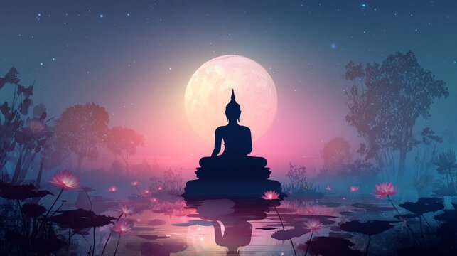 80.Majestic Buddha statue sitting on lotus flower against moonlit sky, soft glowing moon background, spiritual thai culture theme, peaceful buddhist holiday vector illustration
