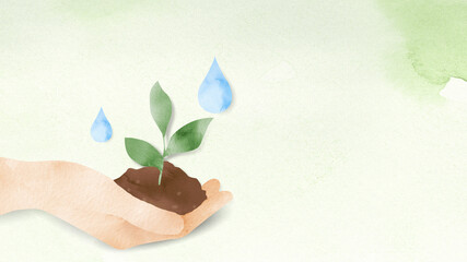 Fototapeta na wymiar Png eco-friendly watercolor background with planting tree illustration