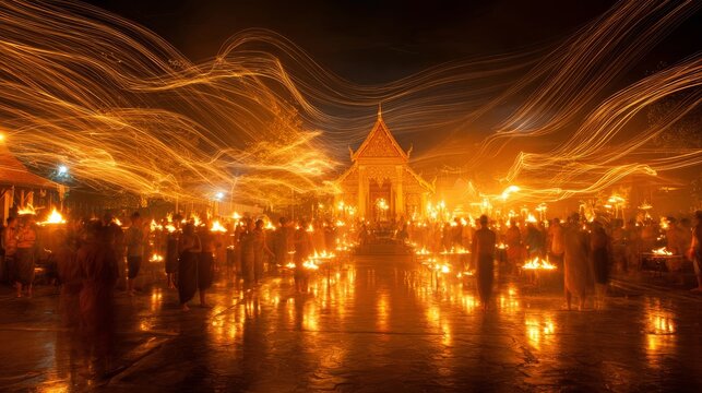 101.Spiritual night ceremony in Thailand featuring light waving movements with candles, glowing reflections, temple architecture silhouettes, reverent atmosphere of Asalha Puja celebration