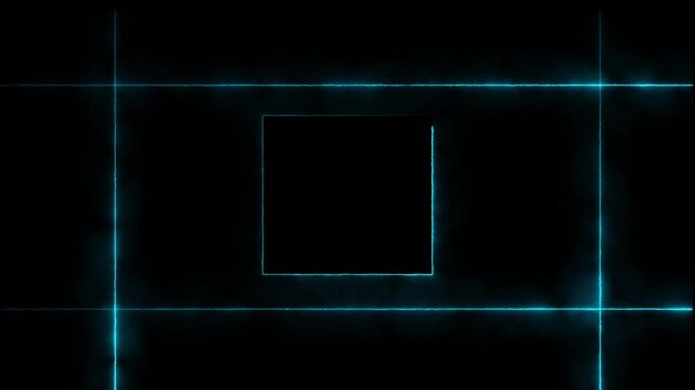 Square frame glows with a cyan neon light effect against a dark background while thin intersecting lines create a minimalist geometric pattern suitable for modern digital motion graphics and UI.