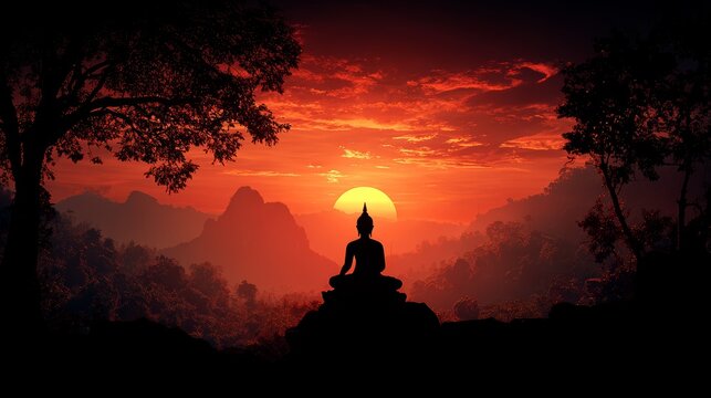 127.Silhouette of Buddha with sunrise background