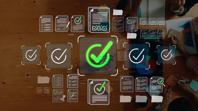 Abstract visual representation of a collaborative workspace with digital checkmarks, documents, and graphs on a wooden table, symbolizing project management and teamwork. Sigmoid