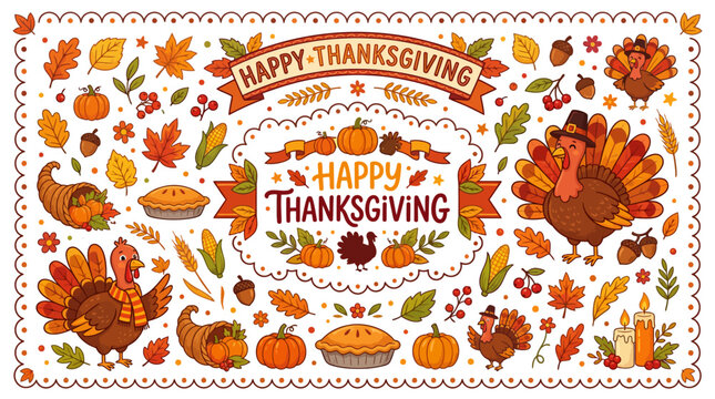 Happy Thanksgiving Illustration: Turkeys, Pumpkins, Pies, Autumn Leaves, Cornucopia