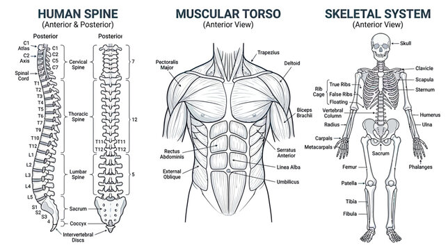 Human Anatomy Illustration: Spine, Muscular Torso, Skeletal System