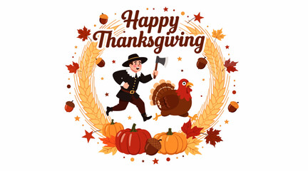 Fototapeta premium Happy Thanksgiving Pilgrim Turkey Pumpkins Wheat Garland Vector Illustration