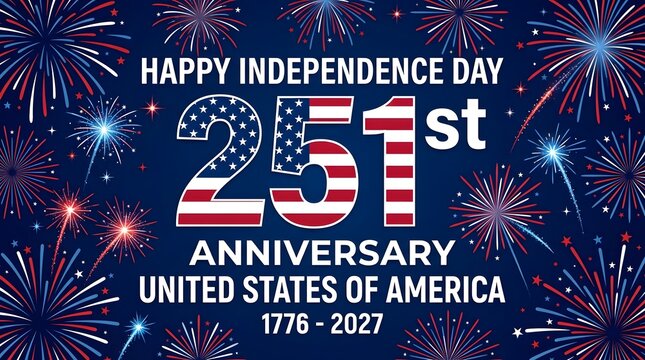US Independence Day 251st Anniversary Banner with Fireworks Background