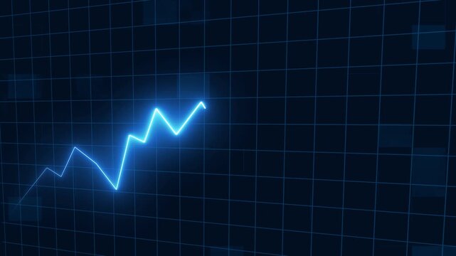 Dynamic neon blue line graph ascends on dark grid background, charting financial growth, stock market trend visualization, abstract business motion footage.