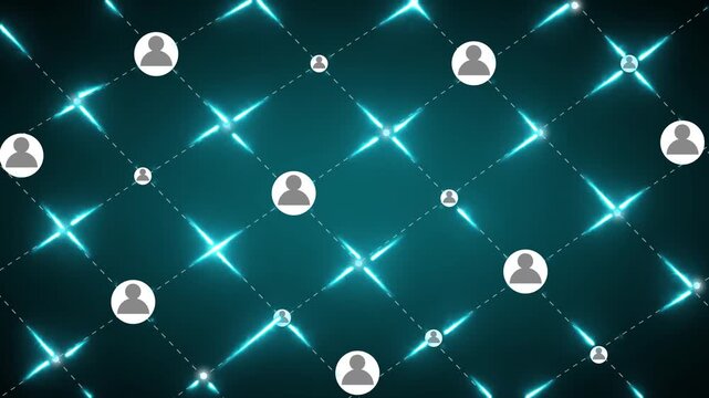 Digital network grid with glowing lines and user icons representing connection and communication in abstract technology concept motion graphic.