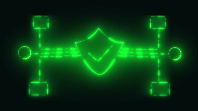 Cyber security shield animation displaying neon green digital protection interface with futuristic glowing grid lines and scanning symbols on black background for technology.