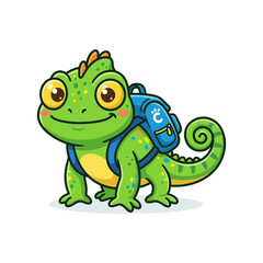 Fototapeta premium A cute cartoon green chameleon with big eyes and a blue backpack, smiling cheerfully.