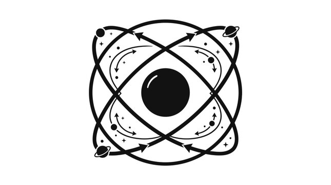 Abstract atomic orbit logo with orbiting celestial spheres.
