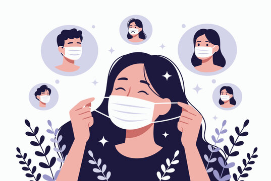 Smiling woman holds her protective face mask while surrounded by people also wearing masks to stay safe from virus.