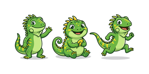 Naklejka premium Three cute cartoon green lizards in various poses, including waving, sitting, and running, on a white background.