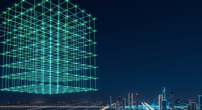 3D mesh of drones flying over a futuristic smart city at night for logistics and data network infrastructure